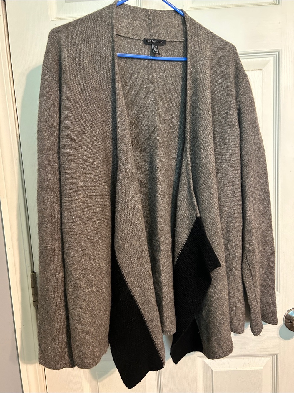 Eileen Fisher Gray Cardigan with Black Trim Draped Open Front